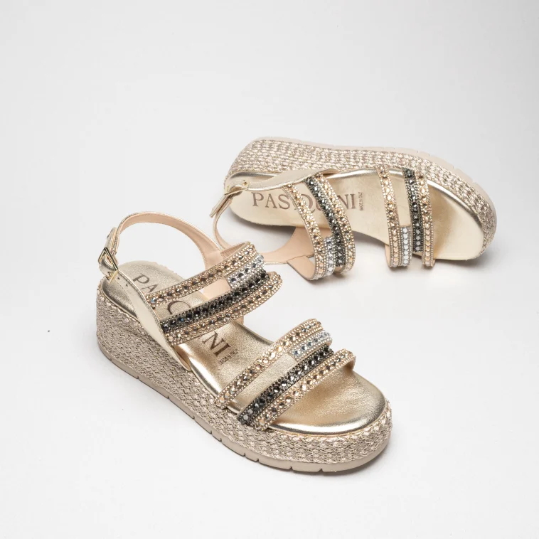 Pasquini Sofia sandalo platino con strass zeppa 6 cm