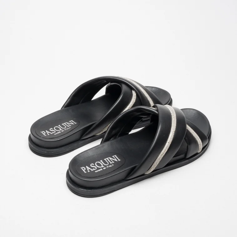 Pasquini Flexa ciabatta nera in pelle con strass