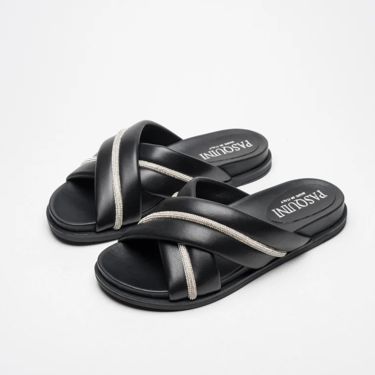 Pasquini Flexa ciabatta nera in pelle con strass