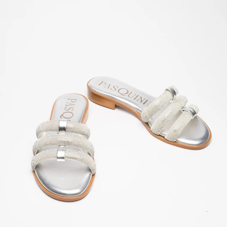 Pasquini Calzature Amalfi ciabatta argento strass flat cuoio