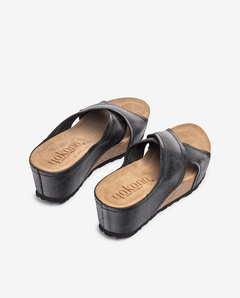 Yokono BARI-257 sandalo con zeppa nero in pelle