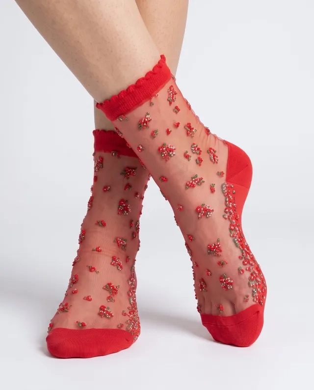 Yokono Nely calzino rosso floreale semitrasparente