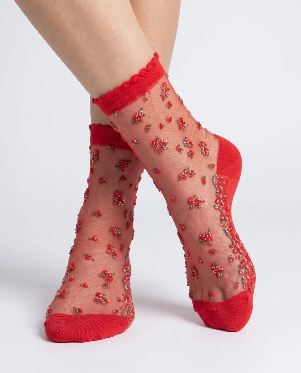 Yokono Nely calzino rosso floreale semitrasparente
