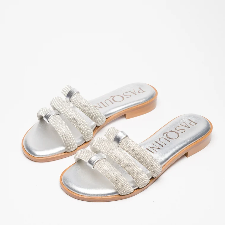 Pasquini Calzature Amalfi ciabatta argento strass flat cuoio