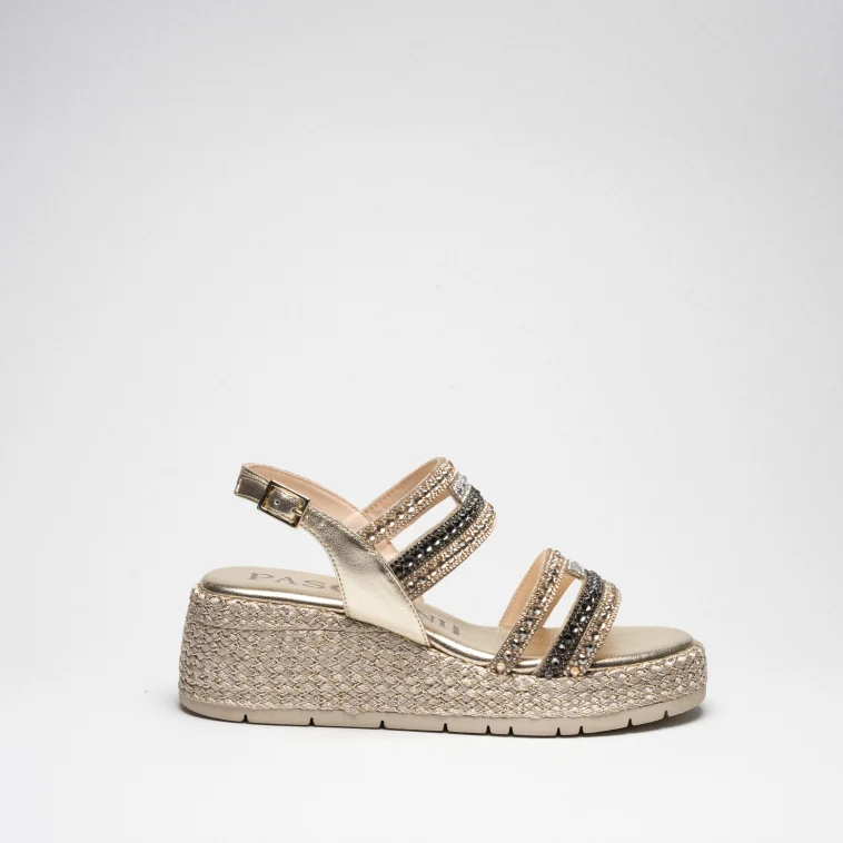 Pasquini Sofia sandalo platino con strass zeppa 6 cm