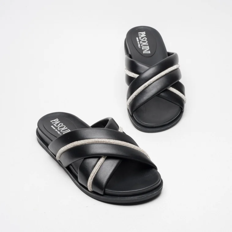 Pasquini Flexa ciabatta nera in pelle con strass