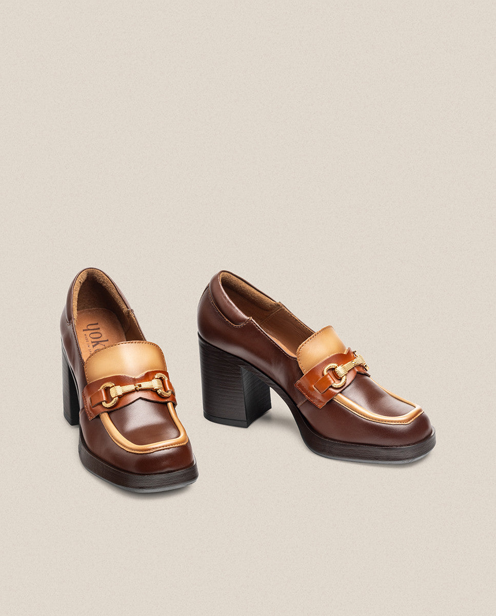Yokono Kolin-011 mocassini tacco donna marrone pelle